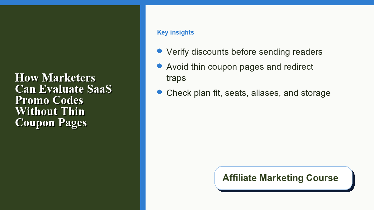 Affiliate Marketing Course branded guide image for How Marketers Can Evaluate SaaS Promo Codes Without Thin Coupon Pages.